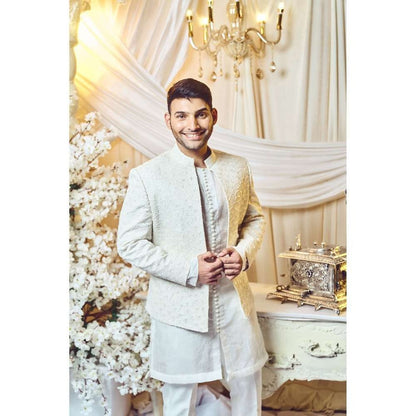 Varun Chakkilam Seashell White Open Jacket and Kurta with Trouser (Set of 3)