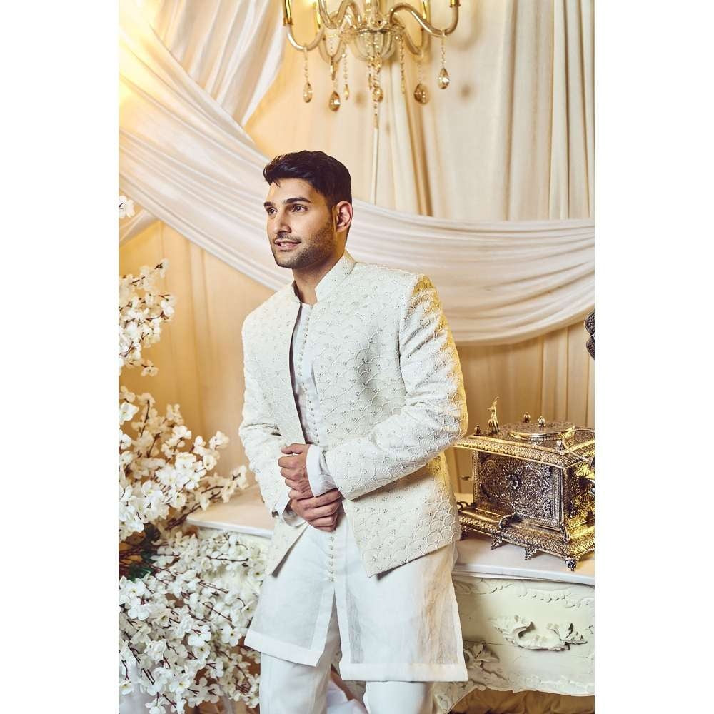 Varun Chakkilam Seashell White Open Jacket and Kurta with Trouser (Set of 3)