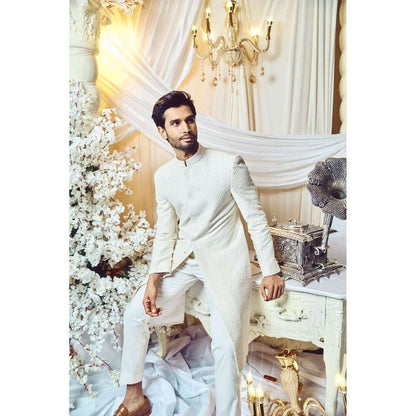 Varun Chakkilam Seashell White Embroidered Sherwani and Trouser (Set of 2)