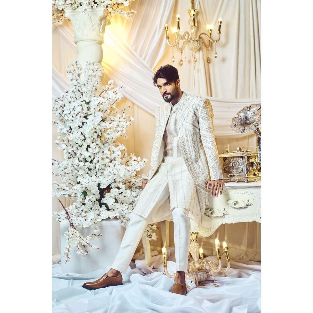 Varun Chakkilam Chestnut White Lines Open Jacket and Kurta with Trouser (Set of 3)