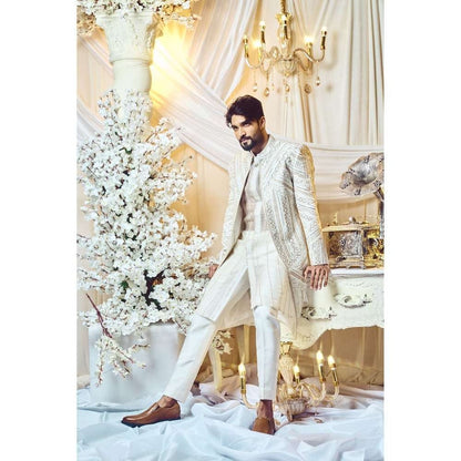 Varun Chakkilam Chestnut White Lines Open Jacket and Kurta with Trouser (Set of 3)