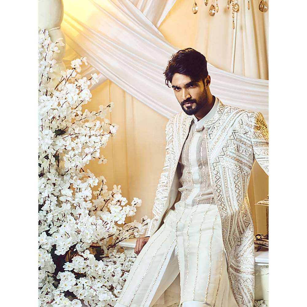 Varun Chakkilam Chestnut White Lines Open Jacket and Kurta with Trouser (Set of 3)