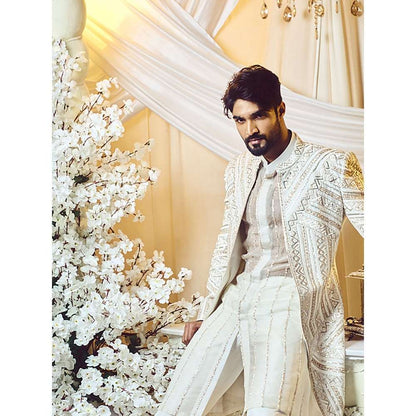 Varun Chakkilam Chestnut White Lines Open Jacket and Kurta with Trouser (Set of 3)