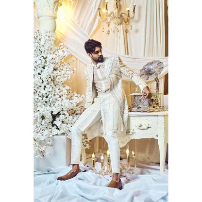 Varun Chakkilam Chestnut White Lines Open Jacket and Kurta with Trouser (Set of 3)