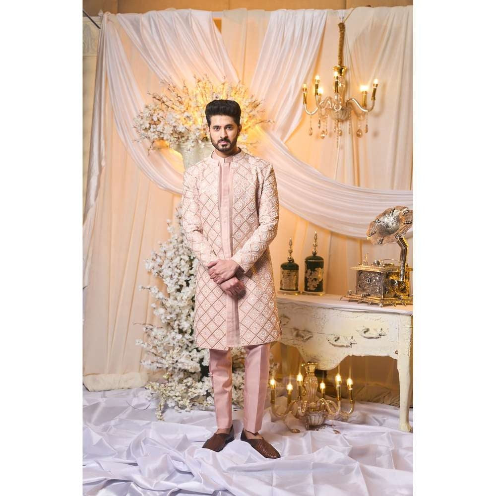 Varun Chakkilam Salmon Nude Pink Sherwani and Kurta with Trouser (Set of 3)