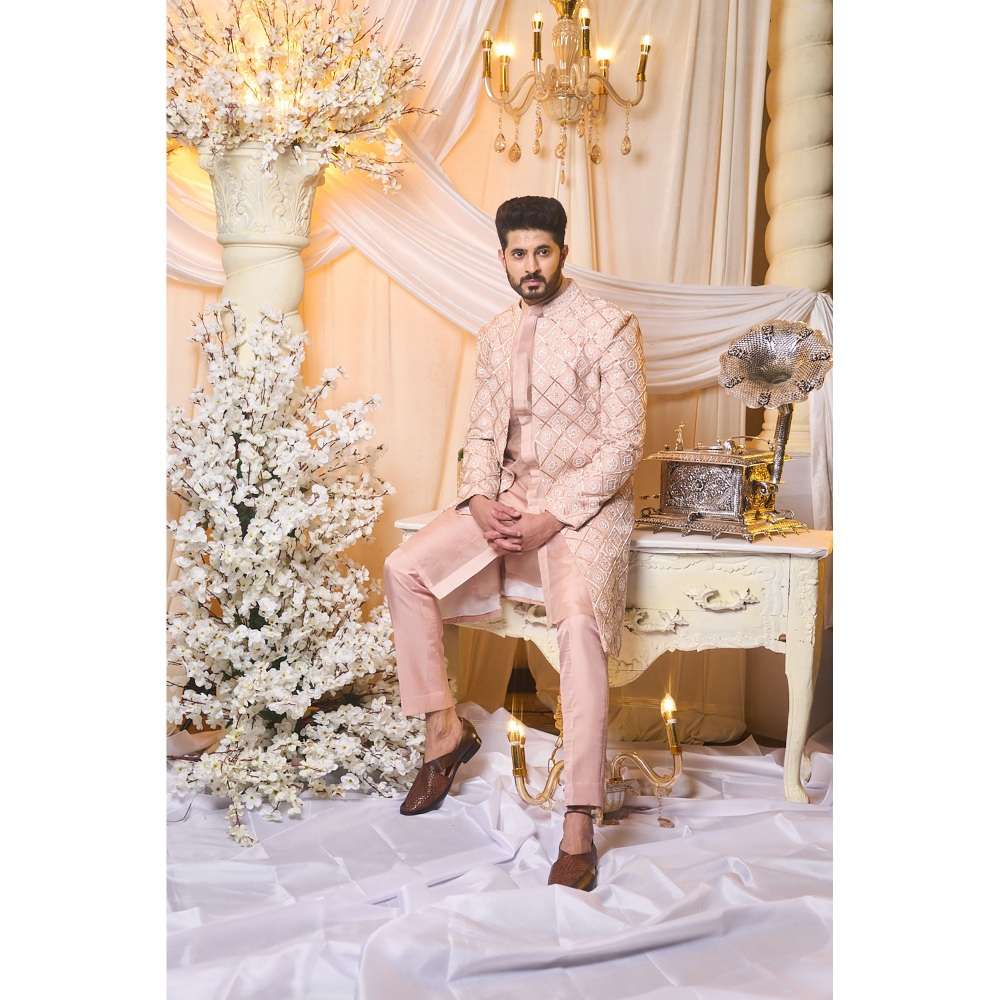 Varun Chakkilam Salmon Nude Pink Sherwani and Kurta with Trouser (Set of 3)