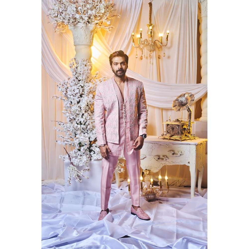 Varun Chakkilam Seashell Pink Open Jacket and Kurta with Trouser (Set of 3)