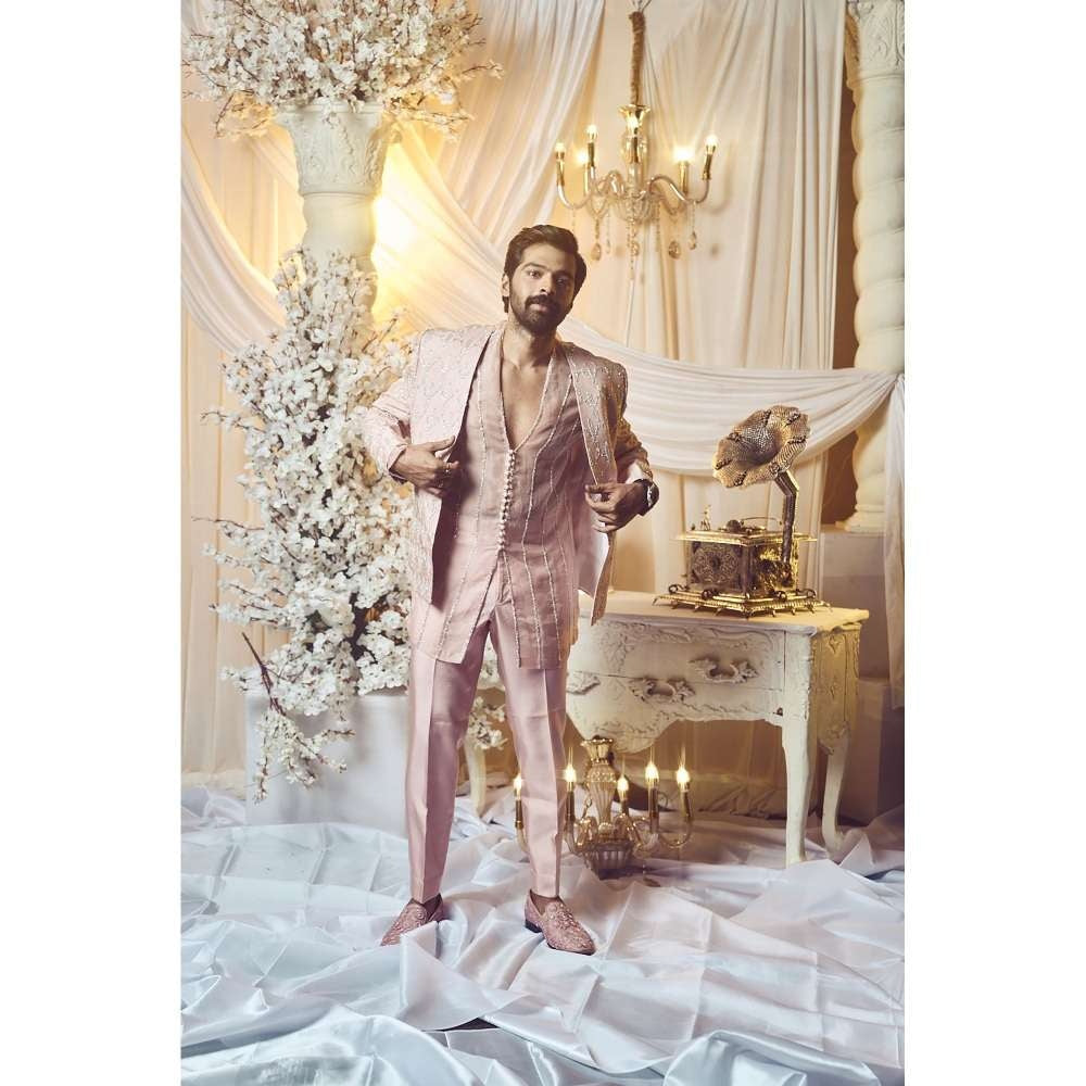 Varun Chakkilam Seashell Pink Open Jacket and Kurta with Trouser (Set of 3)