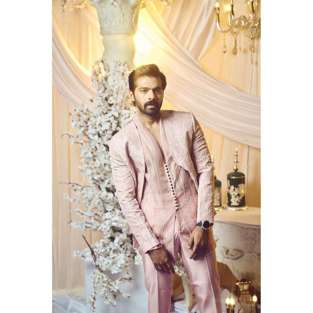 Varun Chakkilam Seashell Pink Open Jacket and Kurta with Trouser (Set of 3)