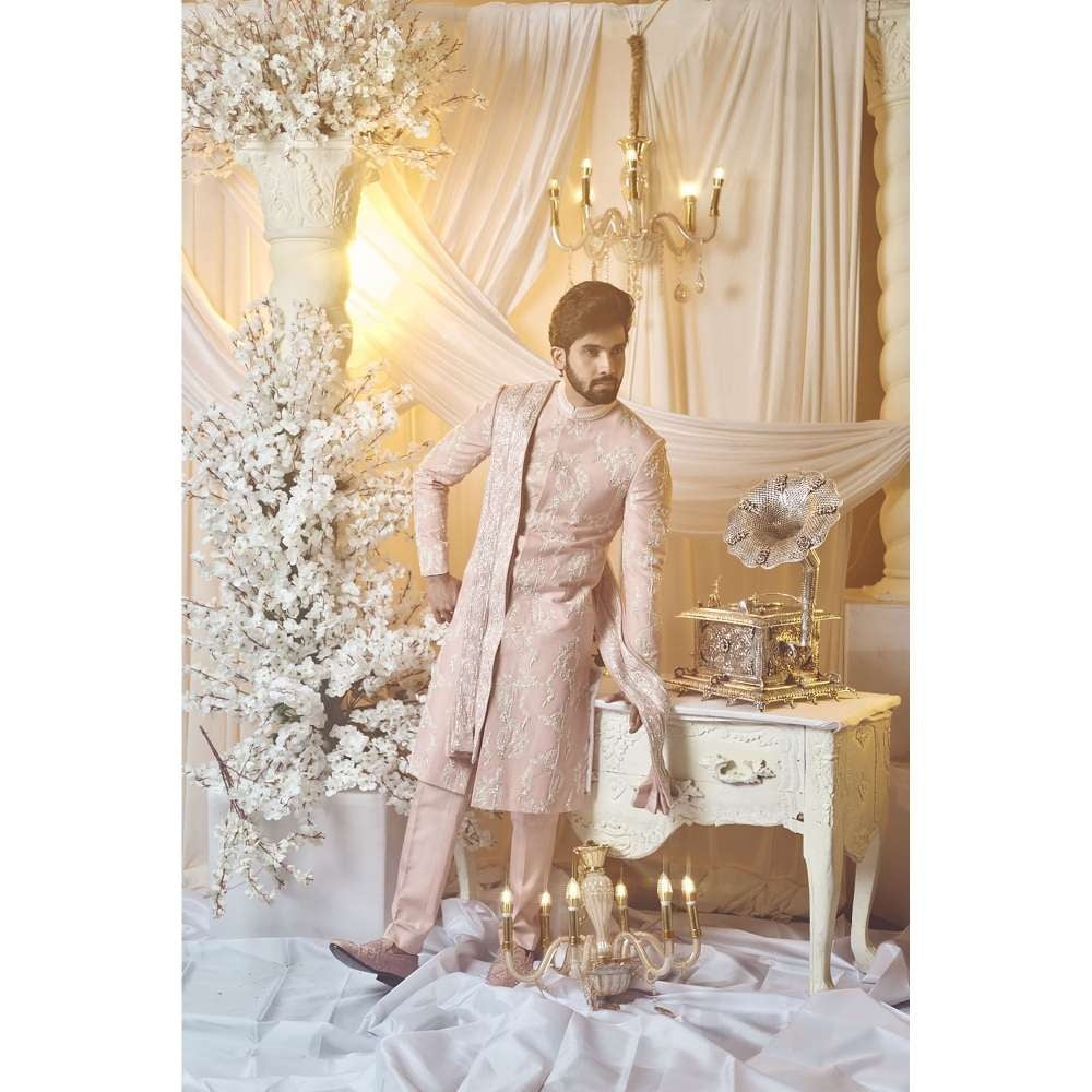 Varun Chakkilam Sea Shell Pink Carnation Sherwani and Trouser (Set of 2)