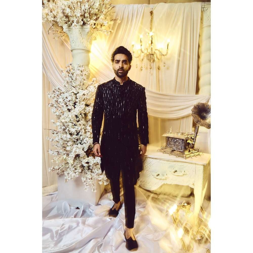 Varun Chakkilam Ebony Black Lines Sherwani and Trouser (Set of 2)