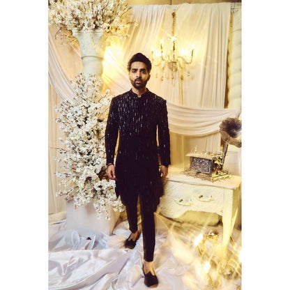 Varun Chakkilam Ebony Black Lines Sherwani and Trouser (Set of 2)