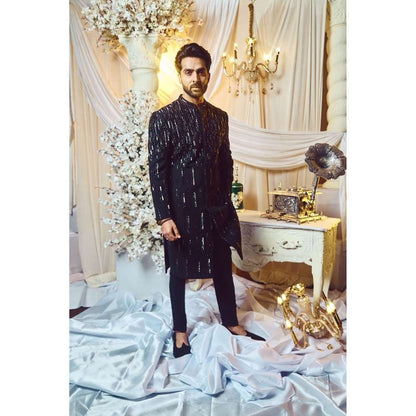 Varun Chakkilam Ebony Black Lines Sherwani and Trouser (Set of 2)