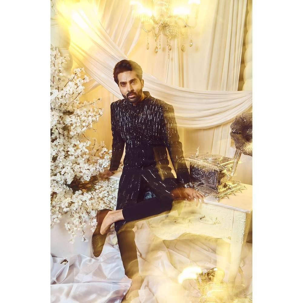 Varun Chakkilam Ebony Black Lines Sherwani and Trouser (Set of 2)