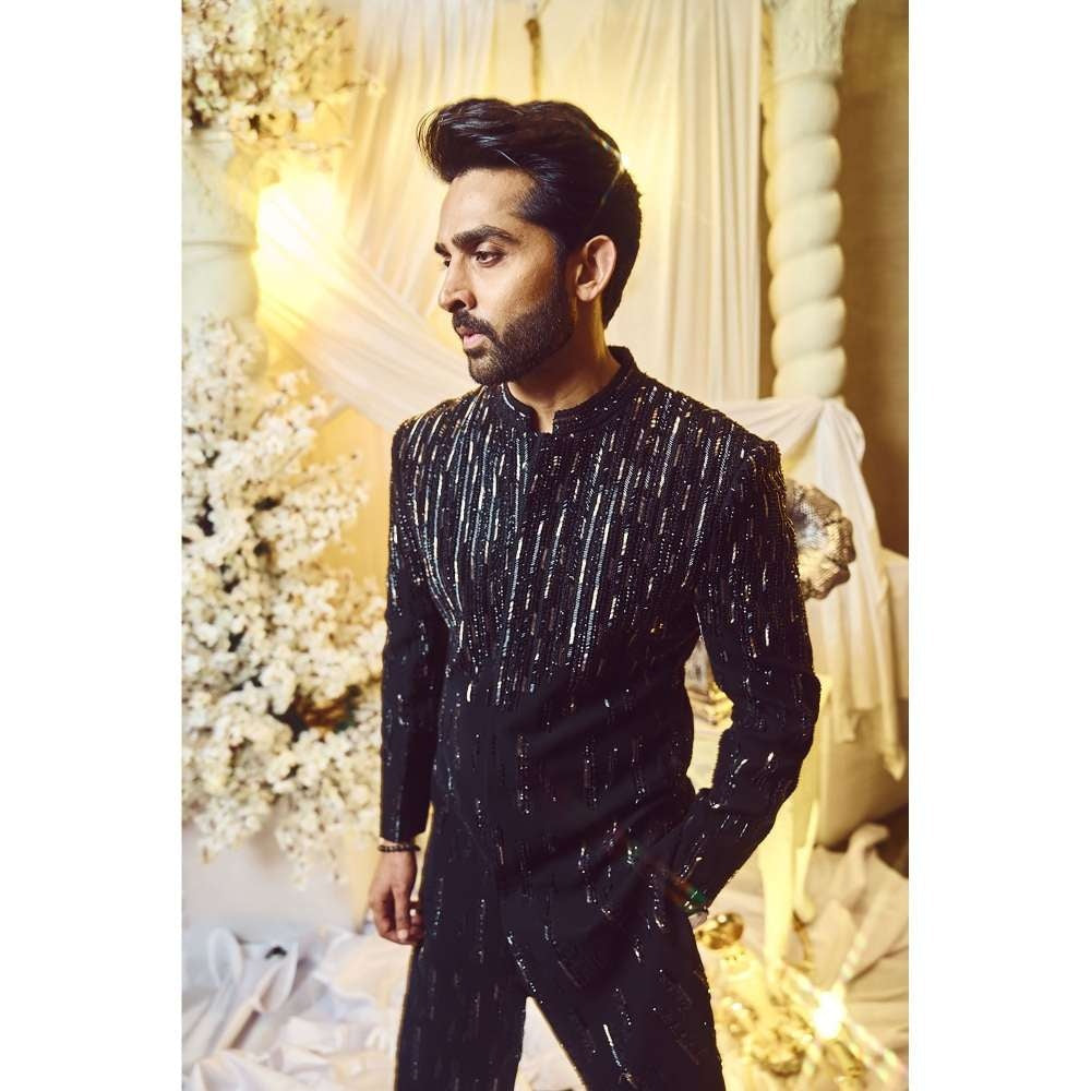 Varun Chakkilam Ebony Black Lines Sherwani and Trouser (Set of 2)