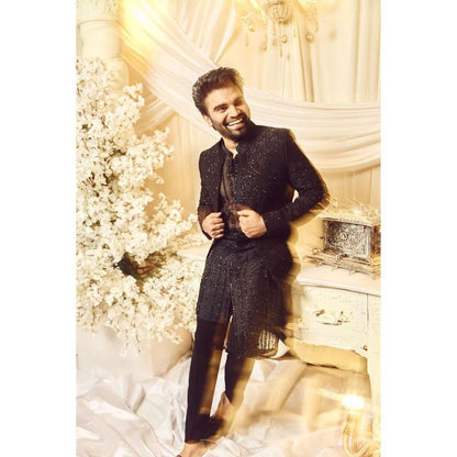 Varun Chakkilam Ebony Black Anchor Open Jacket and Kurta with Trouser (Set of 3)