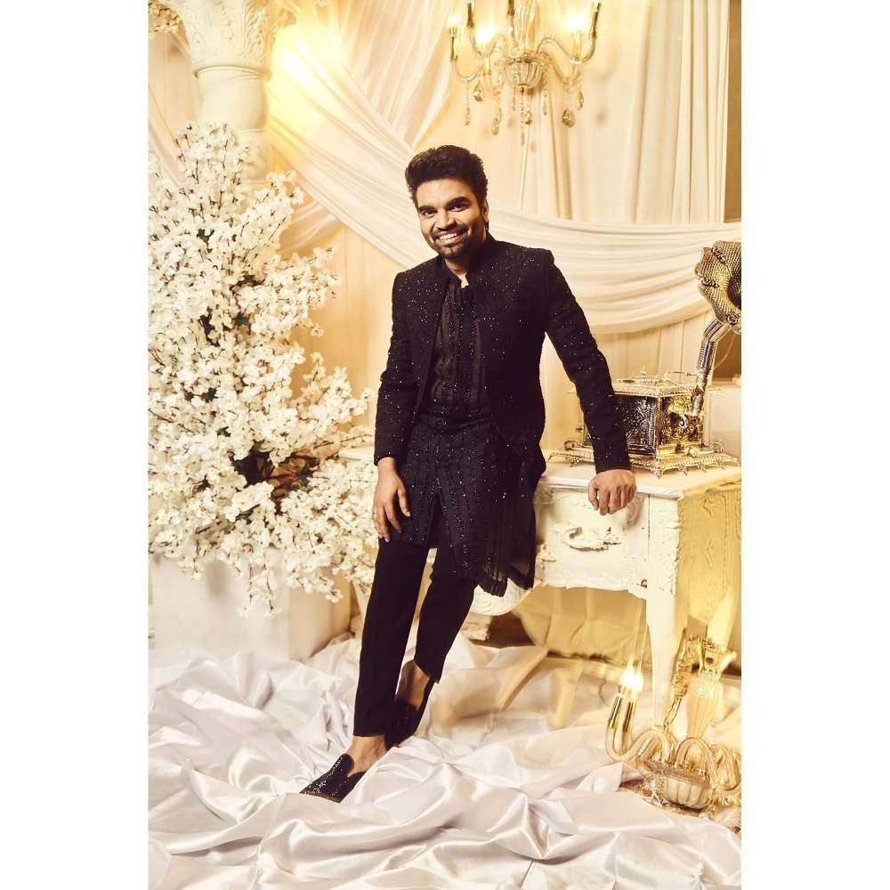 Varun Chakkilam Ebony Black Anchor Open Jacket and Kurta with Trouser (Set of 3)