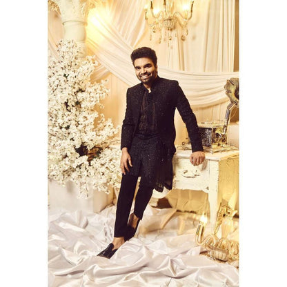 Varun Chakkilam Ebony Black Anchor Open Jacket and Kurta with Trouser (Set of 3)