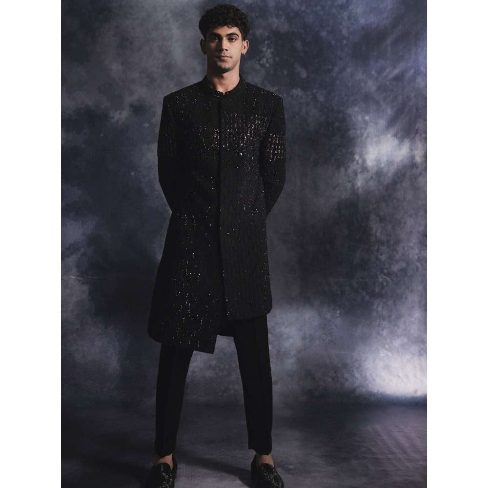 Varun Chakkilam Ebony Black Waves Sherwani and Trouser (Set of 2)