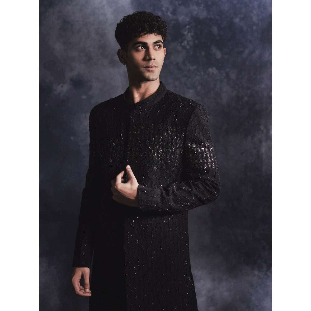 Varun Chakkilam Ebony Black Waves Sherwani and Trouser (Set of 2)