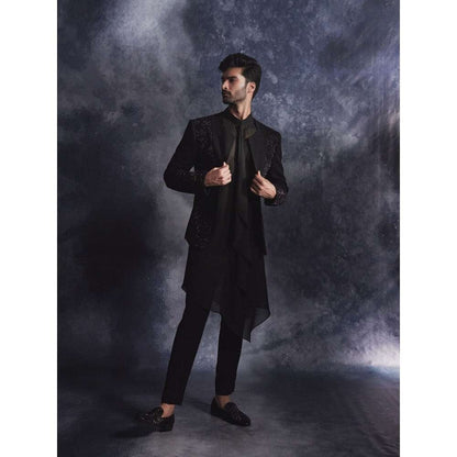Varun Chakkilam Ebony Black Metallic Open Jacket and Kurta with Trouser (Set of 3)