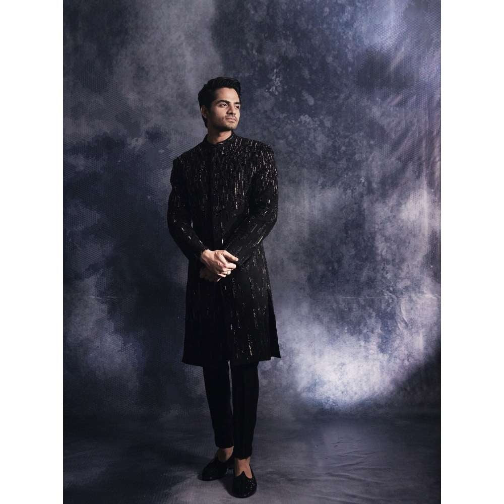 Varun Chakkilam Ebony Black Lines Sherwani and Trouser (Set of 2)