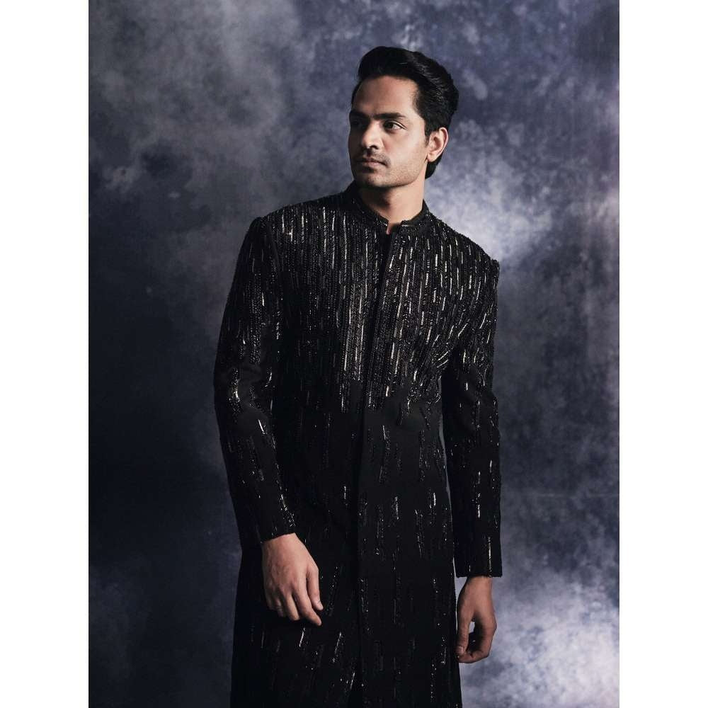 Varun Chakkilam Ebony Black Lines Sherwani and Trouser (Set of 2)