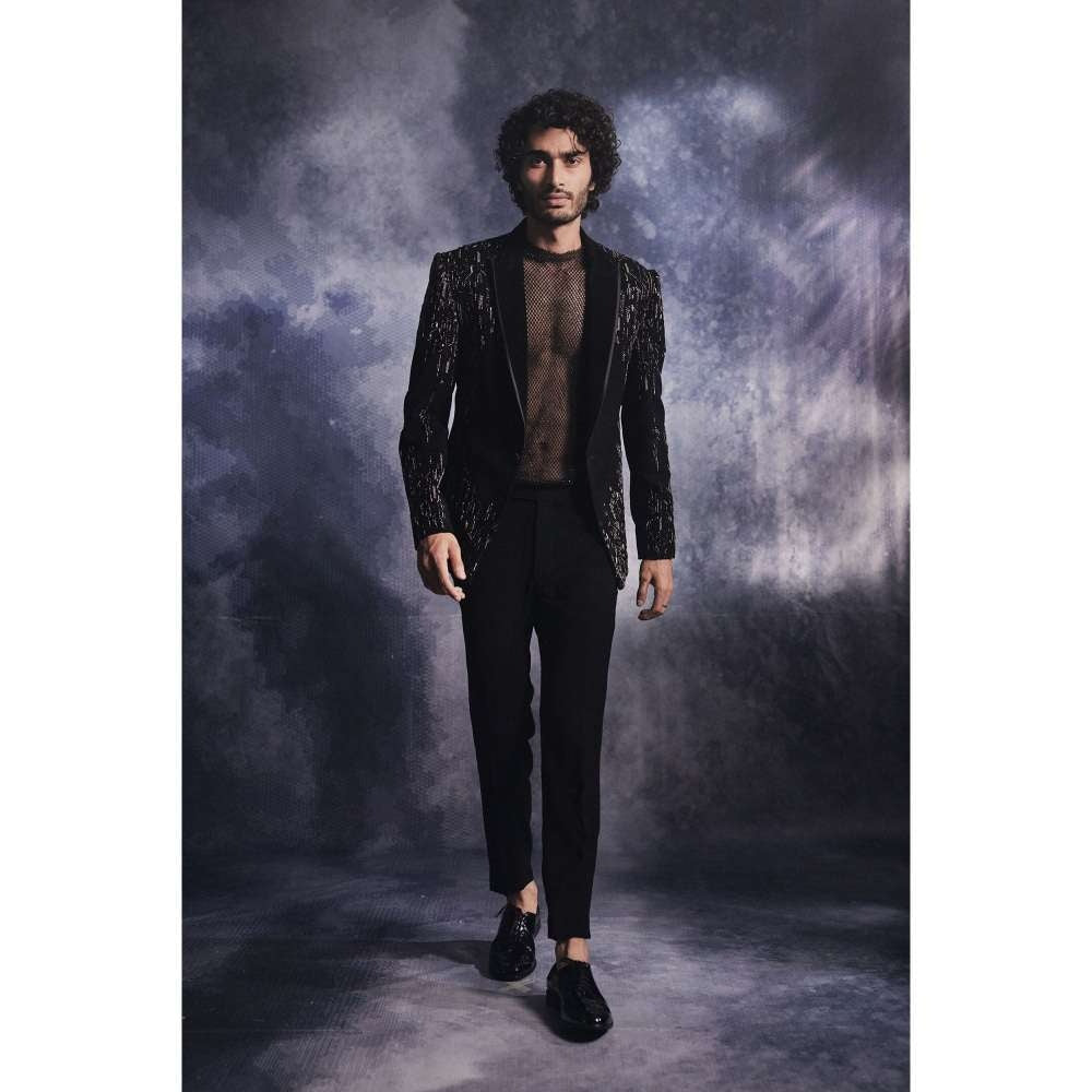 Varun Chakkilam Ebony Black Dash-Lines Jacket and Shirt with Trouser (Set of 3)