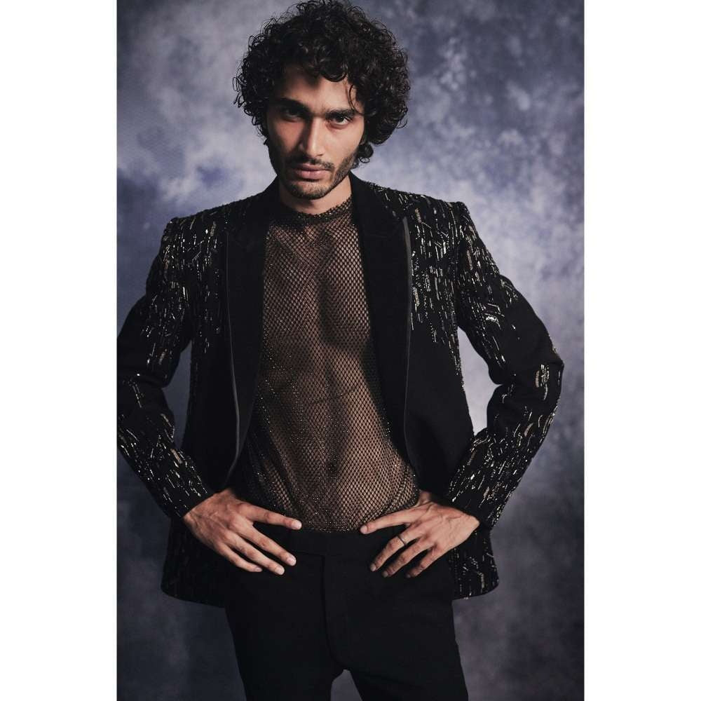 Varun Chakkilam Ebony Black Dash-Lines Jacket and Shirt with Trouser (Set of 3)