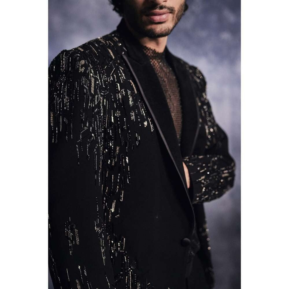 Varun Chakkilam Ebony Black Dash-Lines Jacket and Shirt with Trouser (Set of 3)