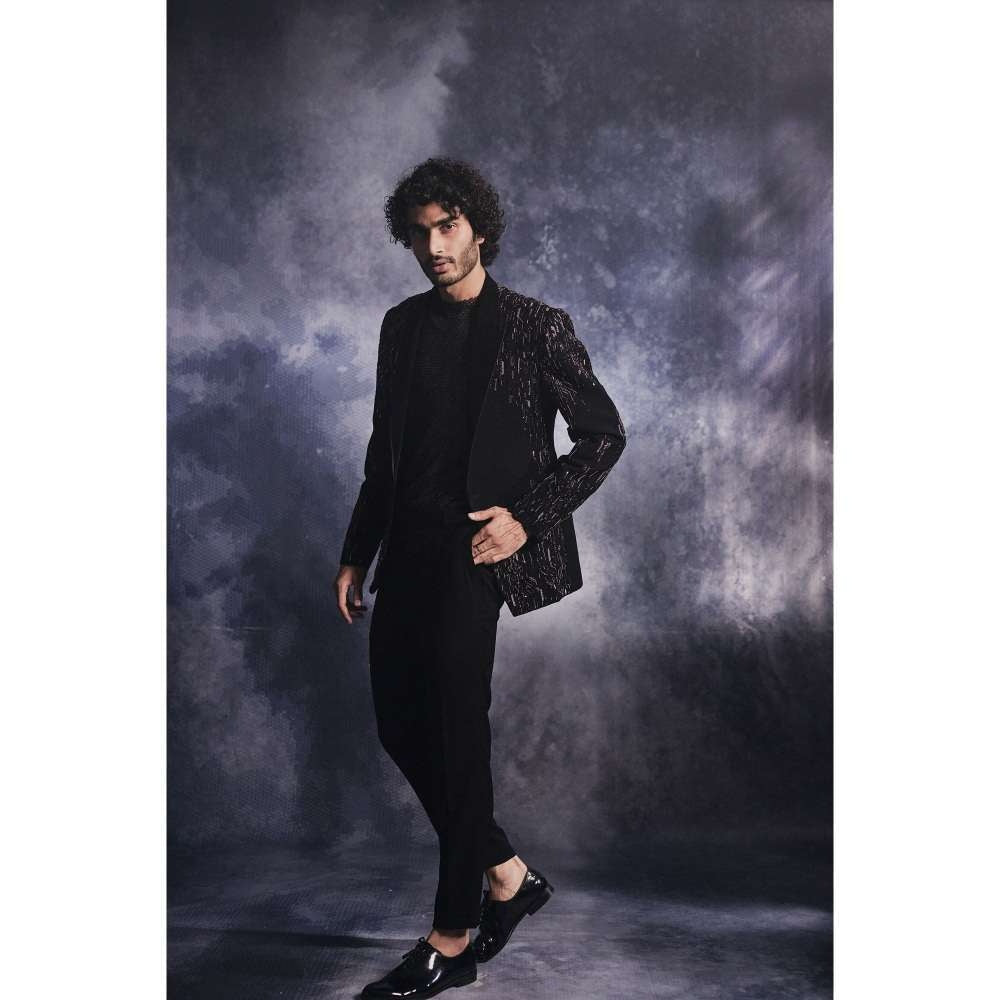 Varun Chakkilam Ebony Black Dash-Lines Jacket and Shirt with Trouser (Set of 3)