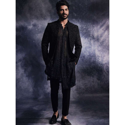 Varun Chakkilam Ebony Black Anchor Open Jacket and Kurta with Trouser (Set of 3)