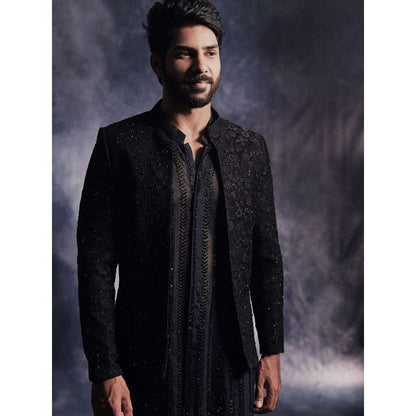 Varun Chakkilam Ebony Black Anchor Open Jacket and Kurta with Trouser (Set of 3)