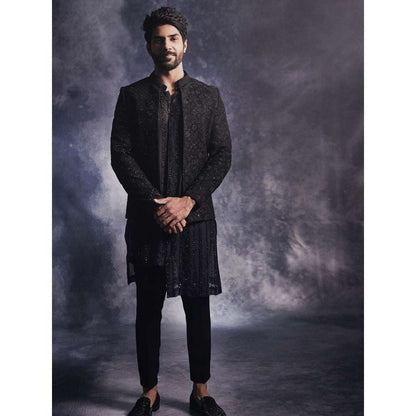 Varun Chakkilam Ebony Black Anchor Open Jacket and Kurta with Trouser (Set of 3)