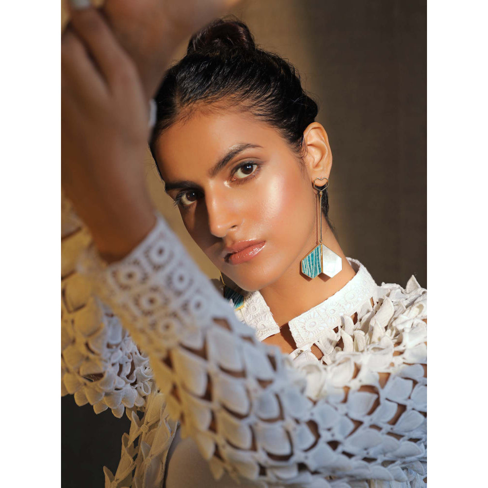 VARNIKA ARORA Coalesce-22K Gold Plating Mother Of Pearl Amazonite Dangler Earrings