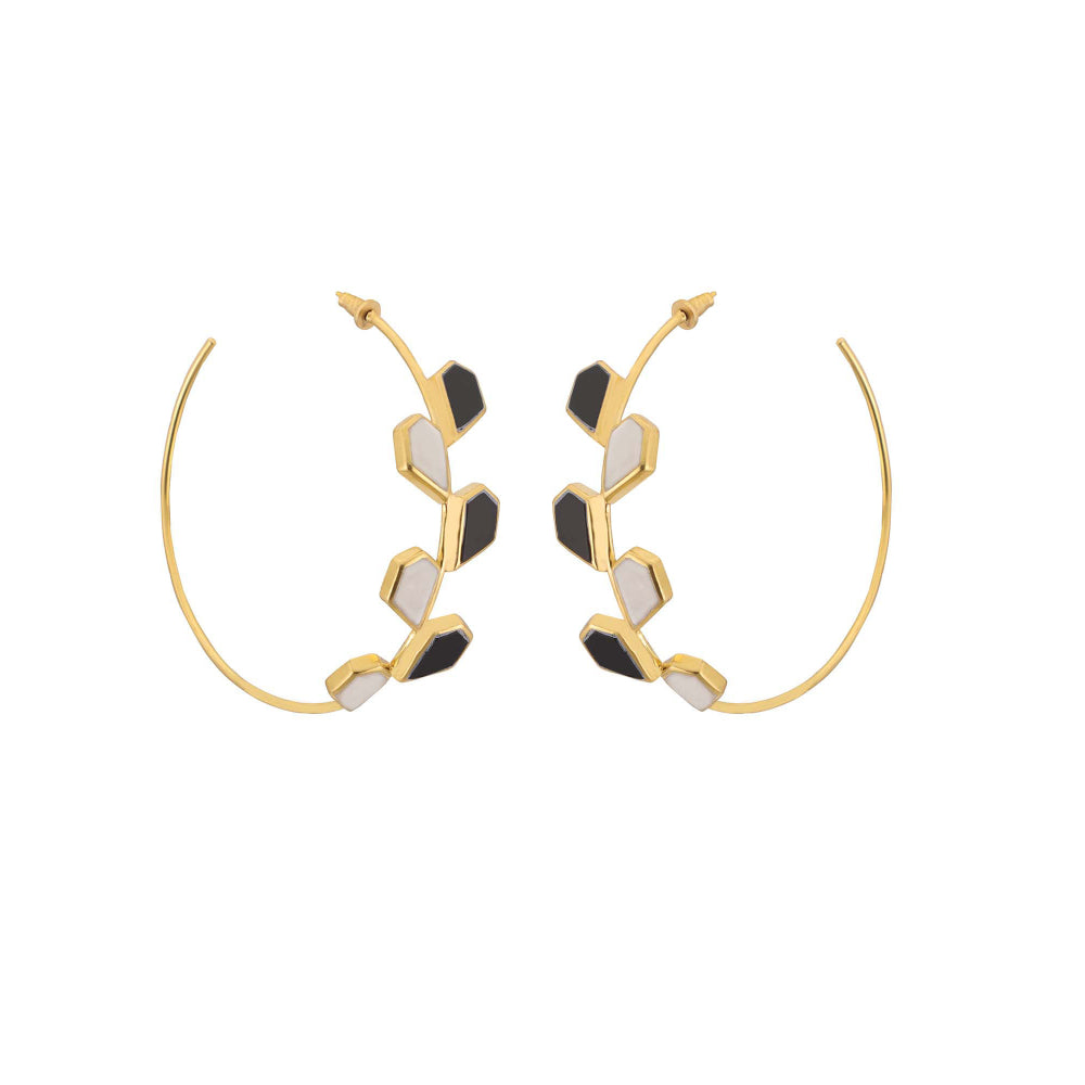VARNIKA ARORA Galah- 22K Gold Plated Black Onyx And White Mother Of Pearl Heart Hoops Earrings