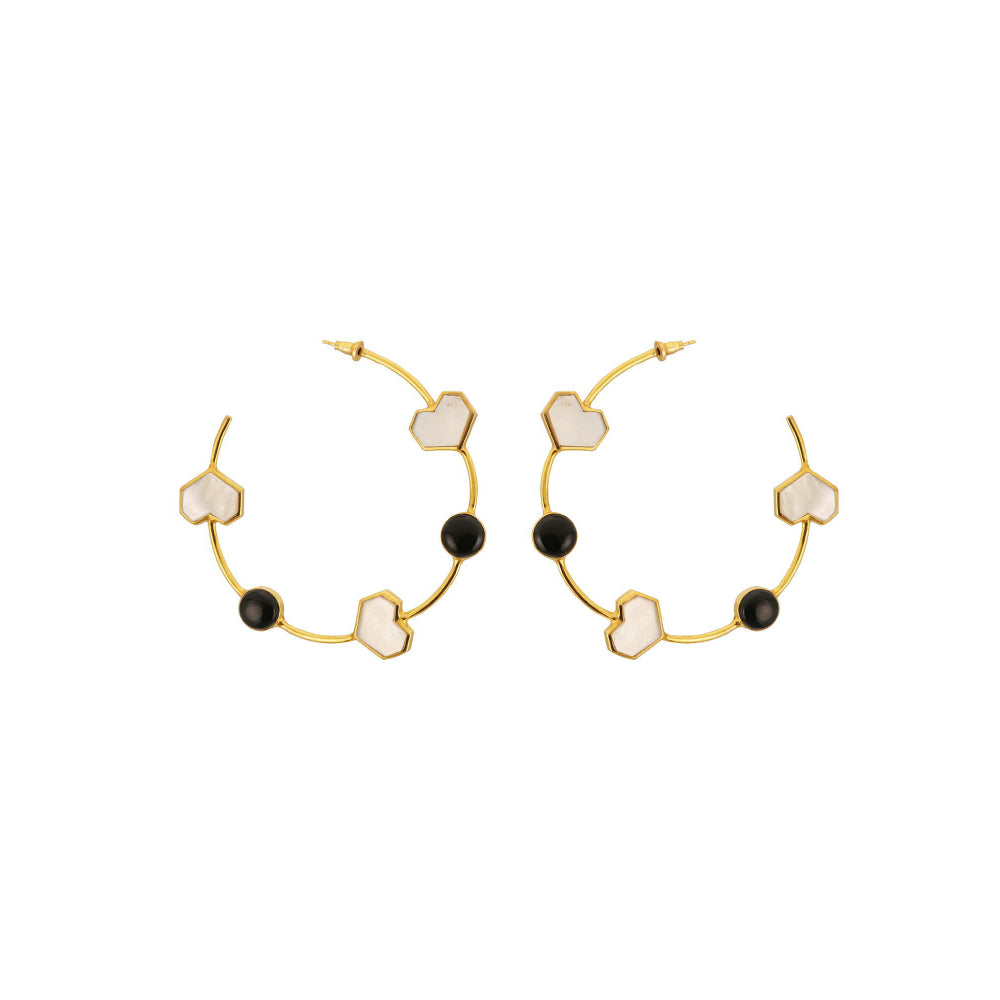 VARNIKA ARORA Array- 22K Gold Plated White Mother Of Pearl And Black Onyx Heart Hoops Earrings