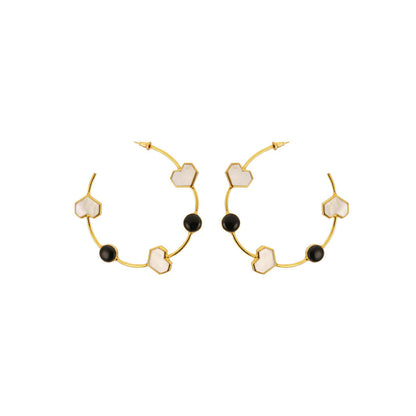 VARNIKA ARORA Array- 22K Gold Plated White Mother Of Pearl And Black Onyx Heart Hoops Earrings