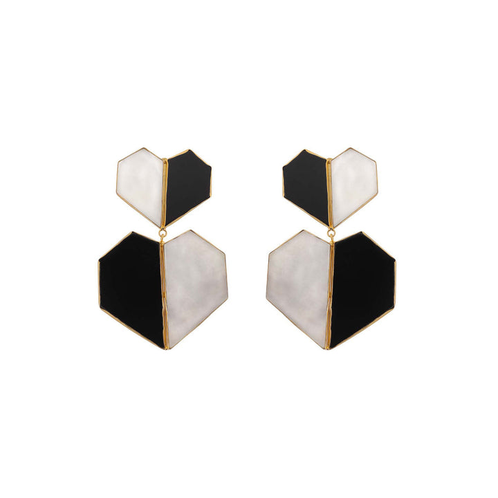 VARNIKA ARORA Chrome- 22K Gold Plated Black Onyx White Mother Of Pearl Heart Dangler Earrings