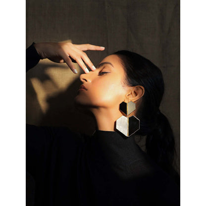 VARNIKA ARORA Chrome- 22K Gold Plated Black Onyx White Mother Of Pearl Heart Dangler Earrings