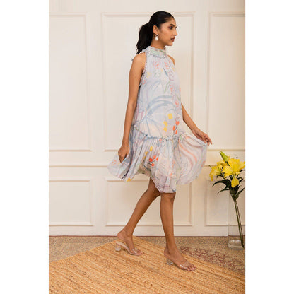 VARUN BAHL Ice Blue Floral Printed Tiered Dress