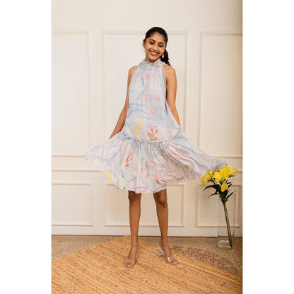VARUN BAHL Ice Blue Floral Printed Tiered Dress