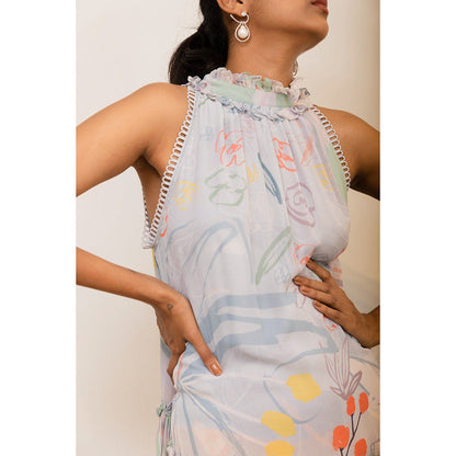 VARUN BAHL Ice Blue Floral Printed Tiered Dress