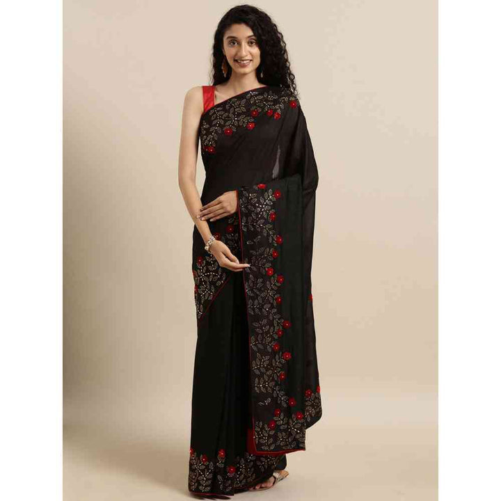 Vastranand Black Vichitra Poly Silk Solid Saree With Embellished Border with Unstitched Blouse