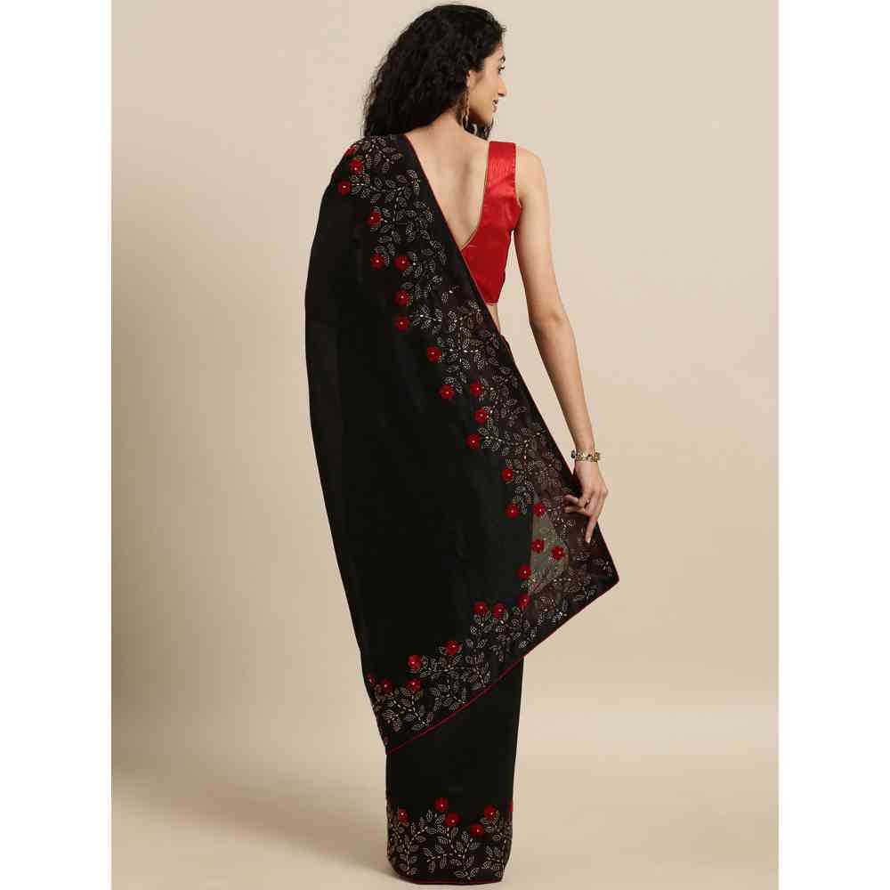 Vastranand Black Vichitra Poly Silk Solid Saree With Embellished Border with Unstitched Blouse