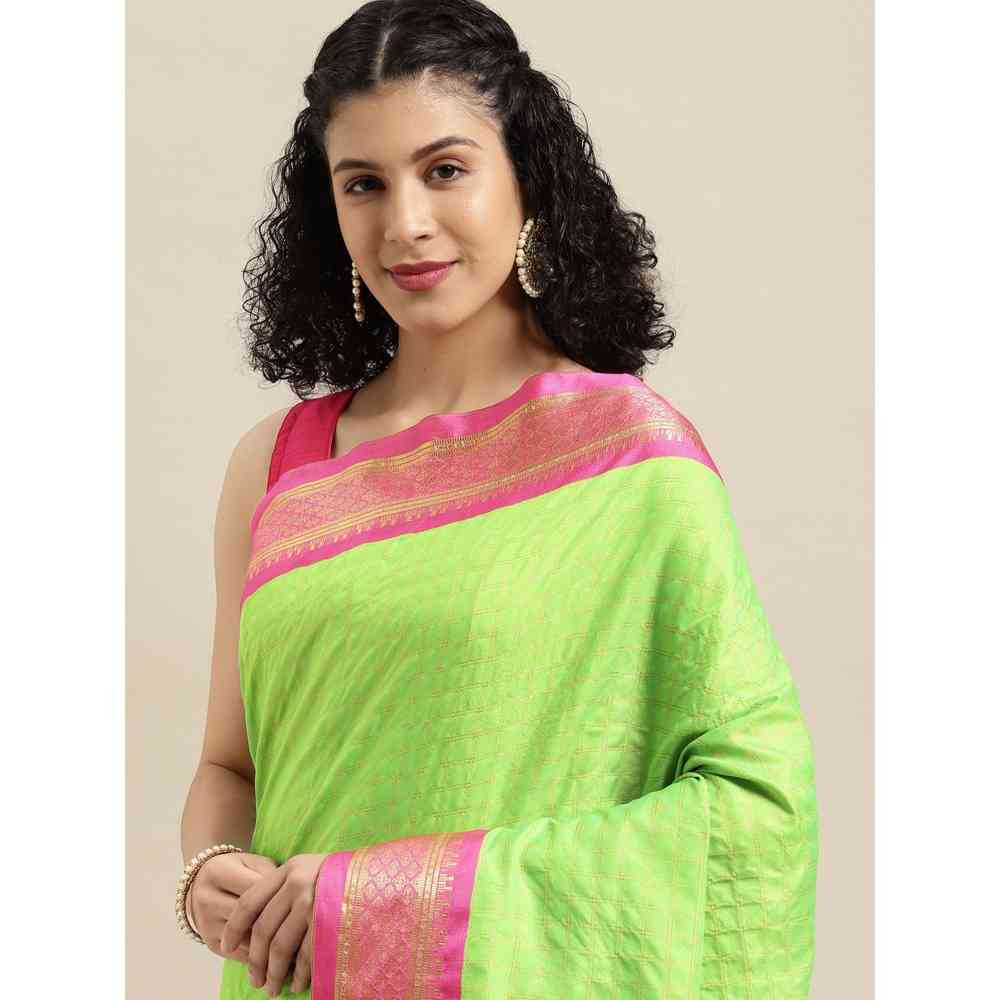 Vastranand Green Checked Zari Pure Silk Gadwal Saree with Unstitched Blouse