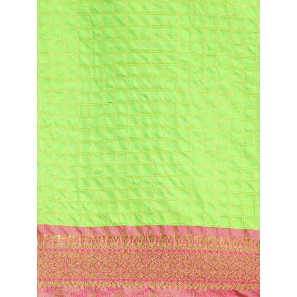 Vastranand Green Checked Zari Pure Silk Gadwal Saree with Unstitched Blouse