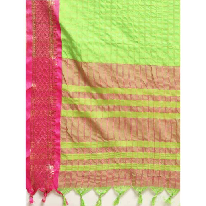 Vastranand Green Checked Zari Pure Silk Gadwal Saree with Unstitched Blouse