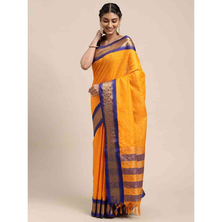 Vastranand Mustard Yellow & Golden Checked Pure Silk Gadwal Saree with Unstitched Blouse