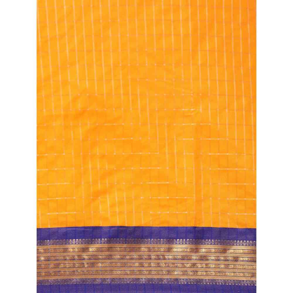 Vastranand Mustard Yellow & Golden Checked Pure Silk Gadwal Saree with Unstitched Blouse